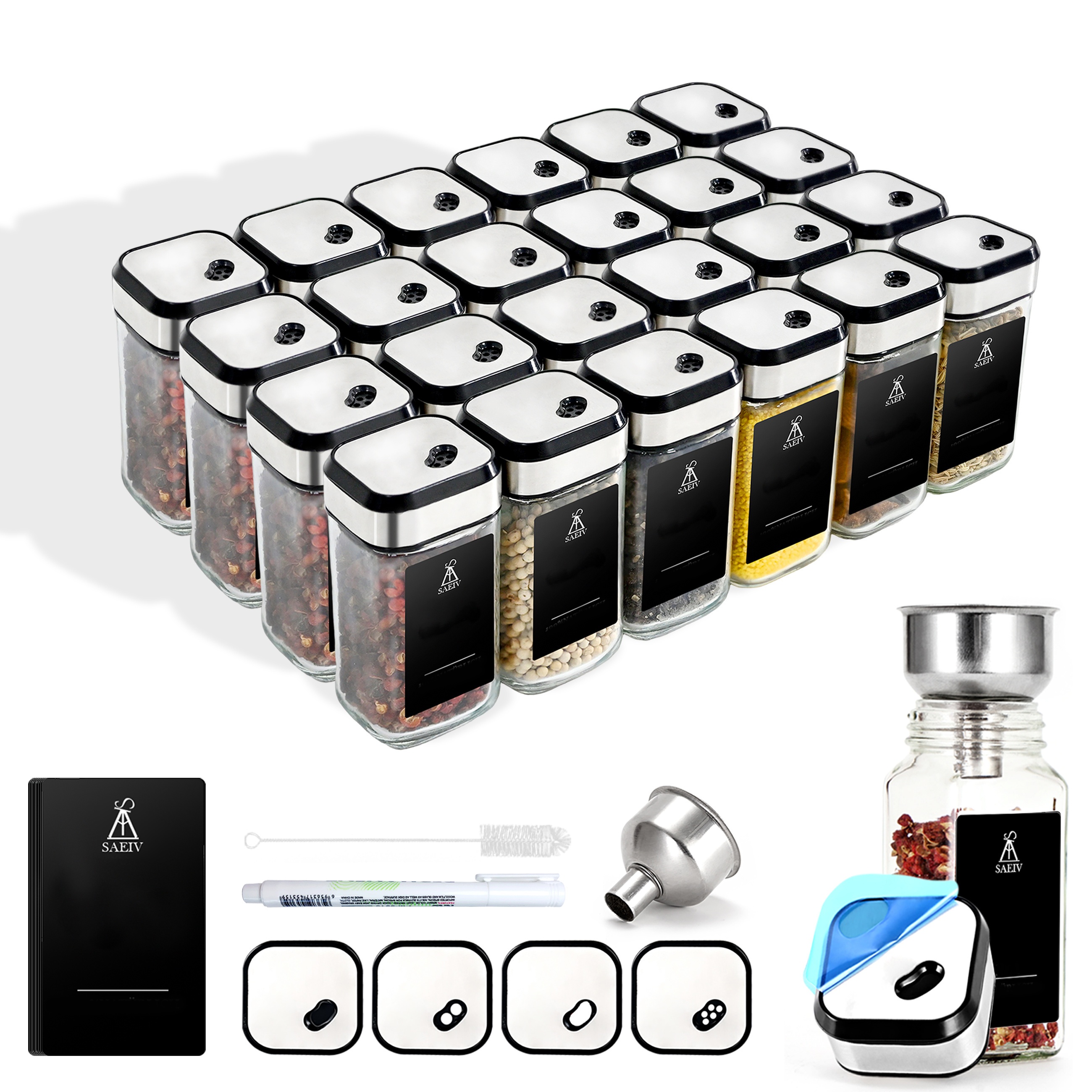 E-shop SAEIV 12/24 Quadratische Glas-Gewürzflaschen-Set (mit Deckel), Glasflaschen, 120ml Gewürzflasche, Dreischichtige Skala, 360° Drehung, zur
