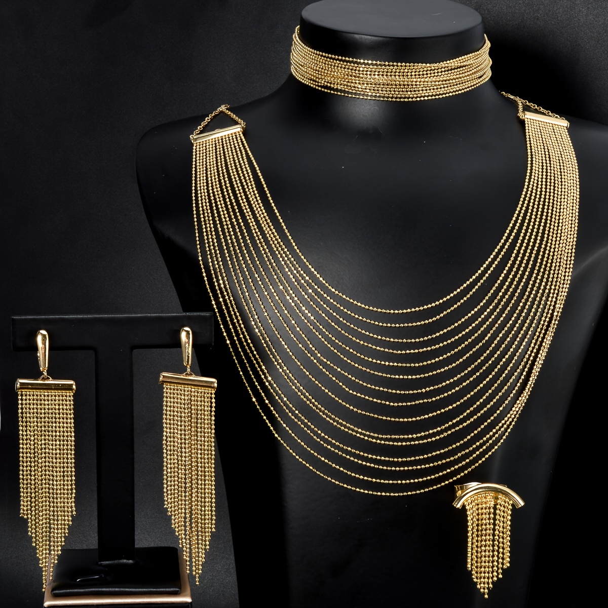 Image of 1 Set Of Tassel Design Drop Earrings, Ring, Necklace, And Bracelet Latin Layered Copper Jewelry Set For Elegant Accessories Exquisite Women's Gift