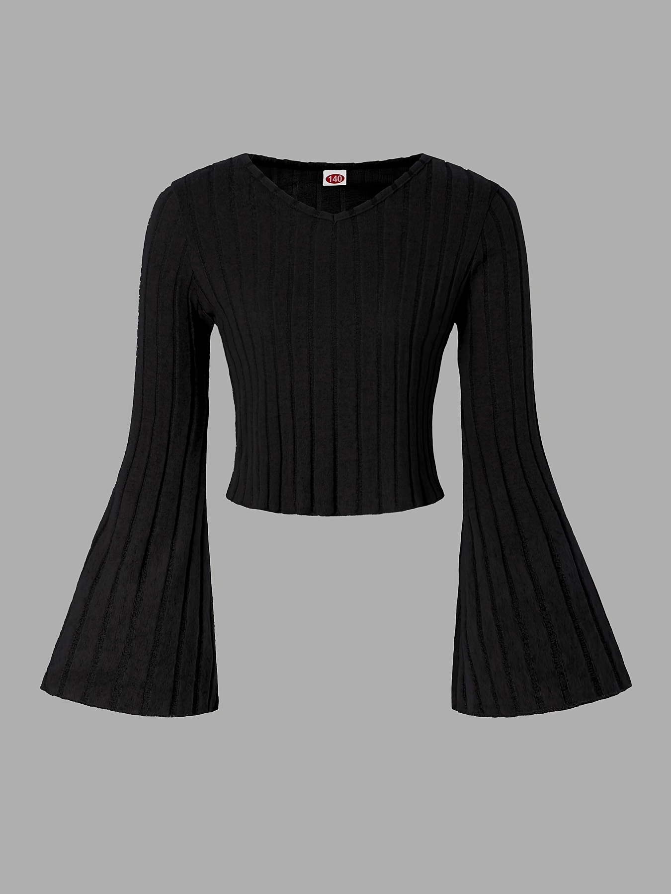 Girls' Autumn/Winter Long-Sleeve V-Neck Flared Sleeve -Lined T-Shirt Top, Size 130-170, Coarse Ribbed Knit, Suitable for Back-to-School Season, Graduation Season, Dances, Parties, and Gatherings