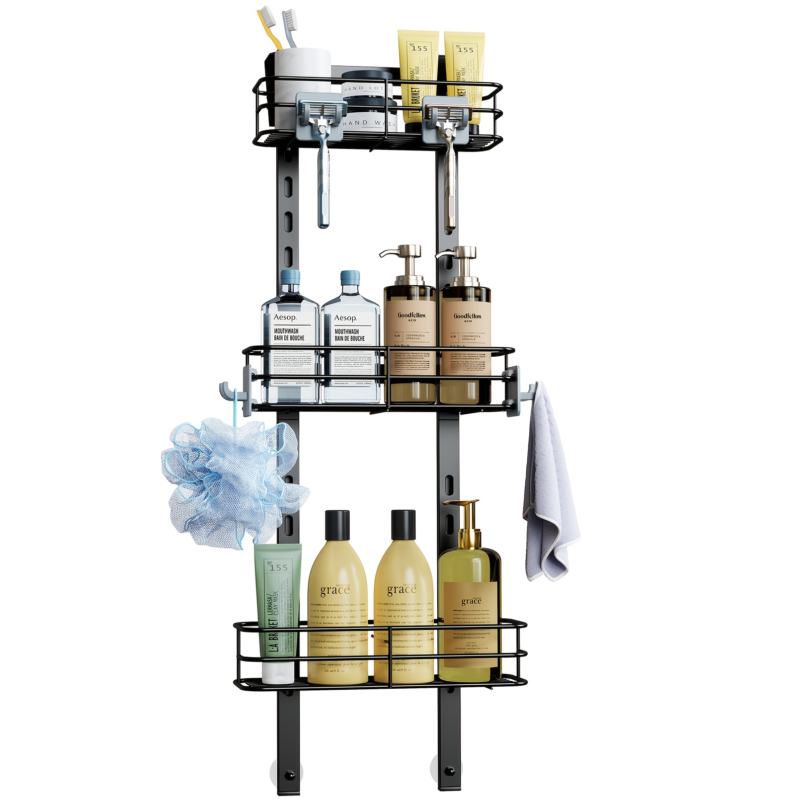Image of Three-tier Black Adjustable Shelf For Hanging On Doors, Designed For Bathroom Storage With A Soap Holder And Suction Cups. A Durable Rack For Organizing Your And Bathroom Additions, Shelves