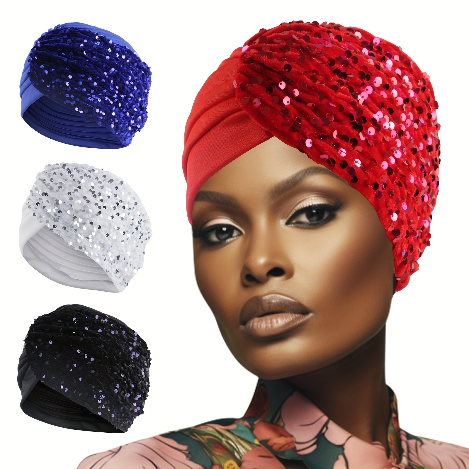 

Stylish Sequined Women's Turban Hats, African Style Elastic Pre-tied Head Wraps For Ladies, Solid Color Pleated Chemo Hat With Side Glitter Accent, Stretchable Headwear Caps For Wedding