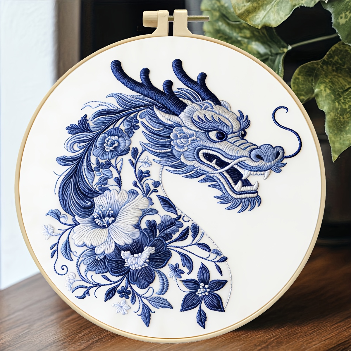 TEMU Dragon Floral Pattern Embroidery Kit, Printed Embroidery Fabric Handmade Embroidery Package For Beginners And Adults, Includes Embroidery Hoop