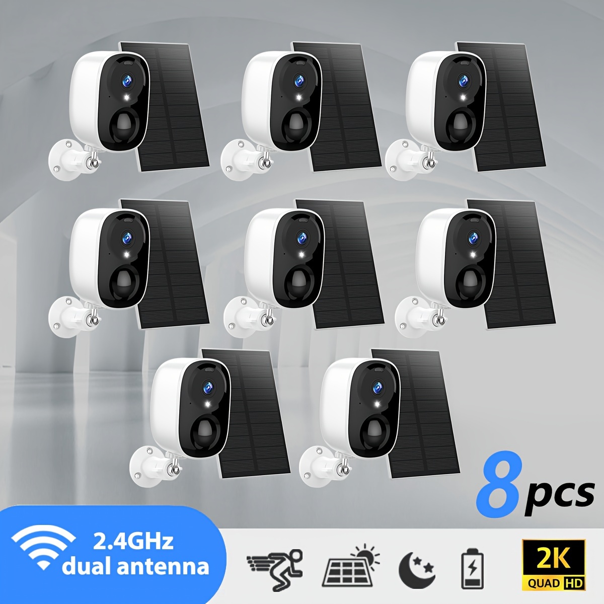 

8pcs Solar Powered 2k 3mp Wireless Outdoor - Detection, Voice Call, Color & Infrared Night Vision, Waterproof Ip66, Battery Powered With Usb Dual Use, Lithium Battery