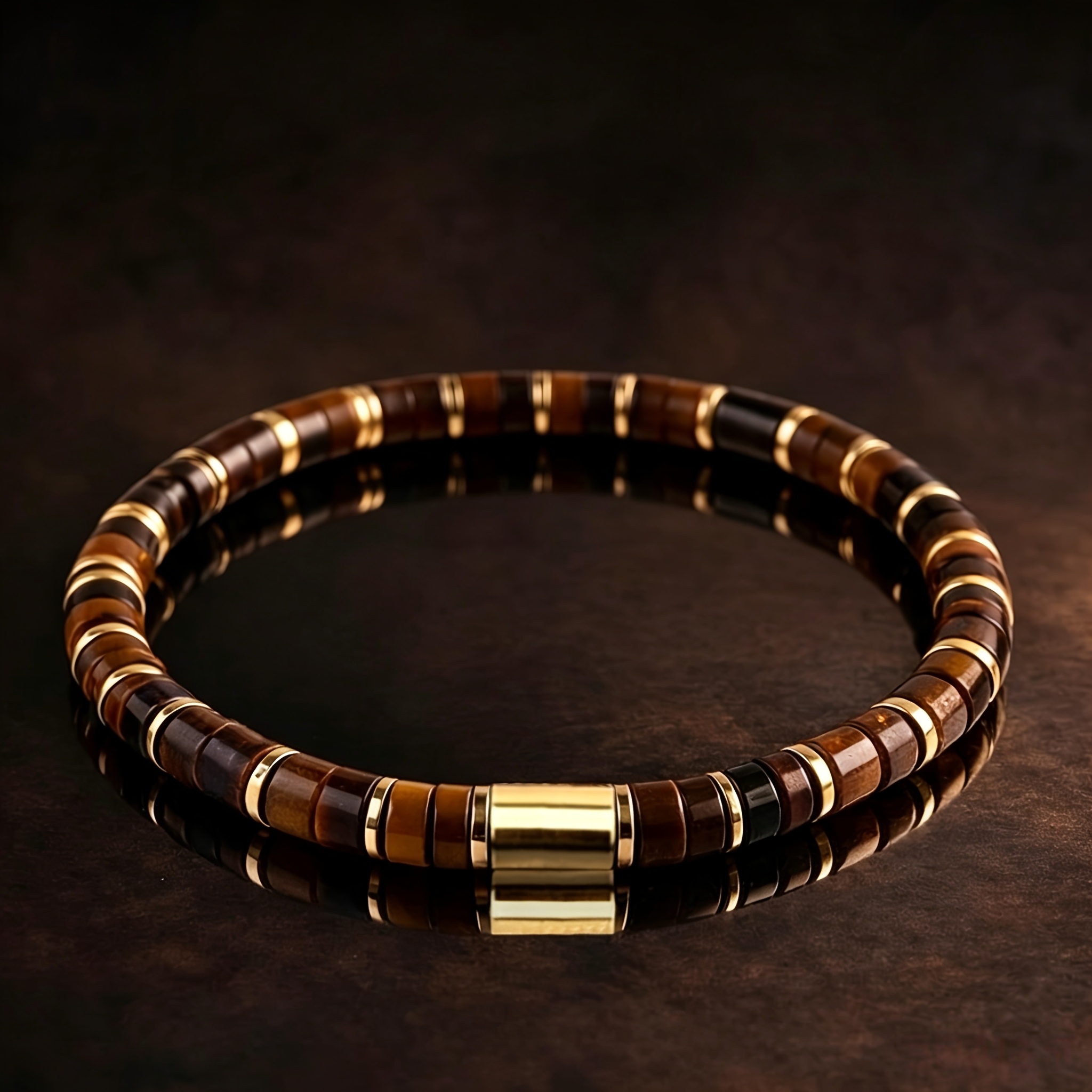 TEMU Men's Natural Tiger Eye Stone Bracelet - Handmade Golden-tone Beads With Eye, Strength & Success Symbol, Suitable For Daily Wear, Parties,