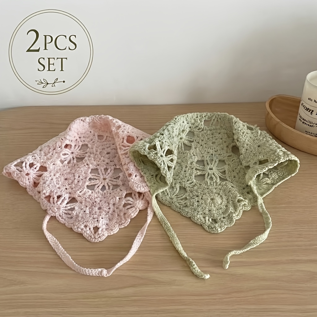 TEMU 2pcs Vintage Pastoral Crochet Flower Headscarf; Hollow Lace Tie-back Headscarf; Outdoor Vacation Photo Atmosphere Versatile Decorative Hairband