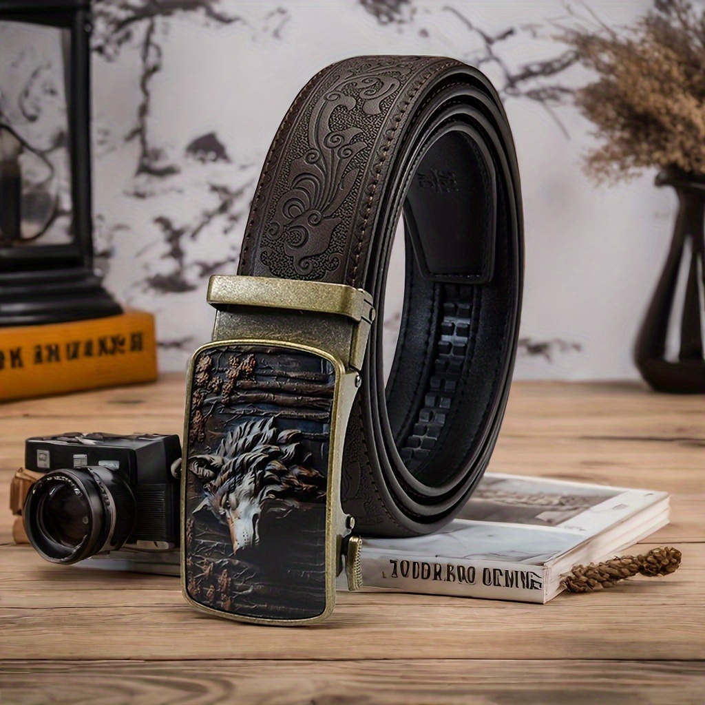 

Men' Genuine Leather Belt - Funky Vintage Style With Embossed Detail, Automatic In Light Brown