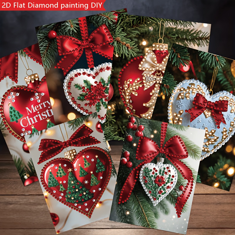 TEMU 2D Platte 6-delige Kerst Hart Diamant Schilderen Kaart Set, Strik en Kerstboom 2D Platte Diamant Tekening Kaart, Vakantie Knutsel Creatie, Kerst