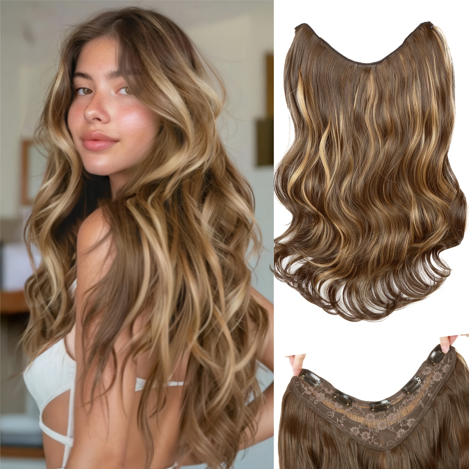 

V-shaped Body Wave Clip-in Hair Extensions For Women - Invisible, Long Curly Synthetic Hairpieces In Black And Brown Ombre