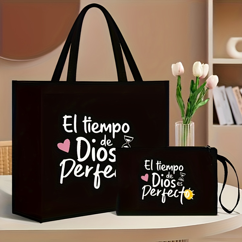 TEMU A Set Of 2 Printed Tote Bags With A Magnetic Closure, Featuring A Spacious, Durable, And Lightweight Design; Includes A Makeup Bag, Perfect For Moms, , Teachers For Daily Work, Travel, And Beach