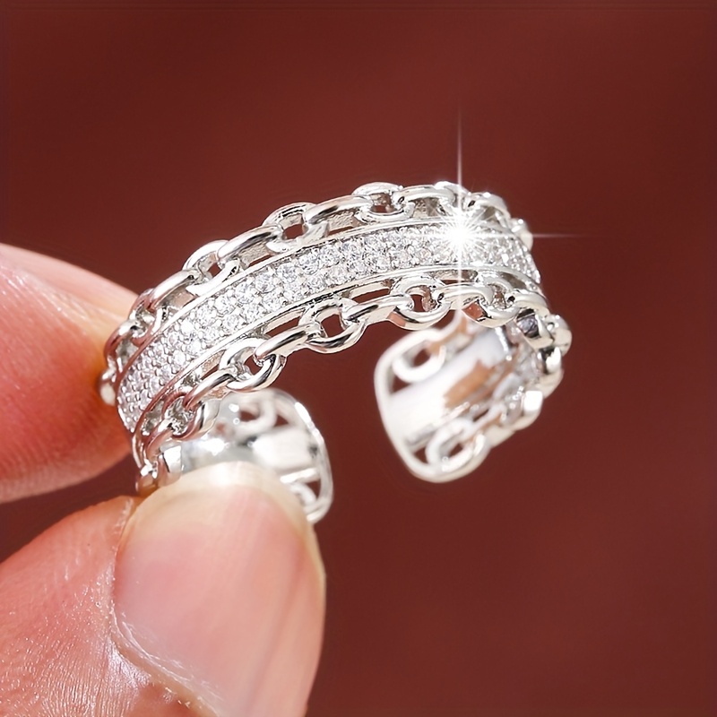 Adjustable Double Chain Open Ring with Zirconia Stones