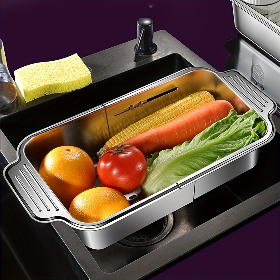 heavy duty stainless steel expandable sink strainer basket adjustable size 8 25x13 75 to 17 25 inches expandable sink net for draining fruits vegetables pasta dishwashing easy clean kitchen organizer for home commercial use kitchen sink strainer sleek metallic     material pasta drainer spacesaving design rustresistant strainer vegetable drainer busy households Product details 1
