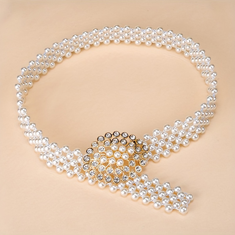 TEMU 1pc Women's Elastic 5-row Pearl Belt - Sparkling Golden-tone Buckle, For Weddings, Parties, Beach & Casual , Party Accessory, Elegant Accessory,