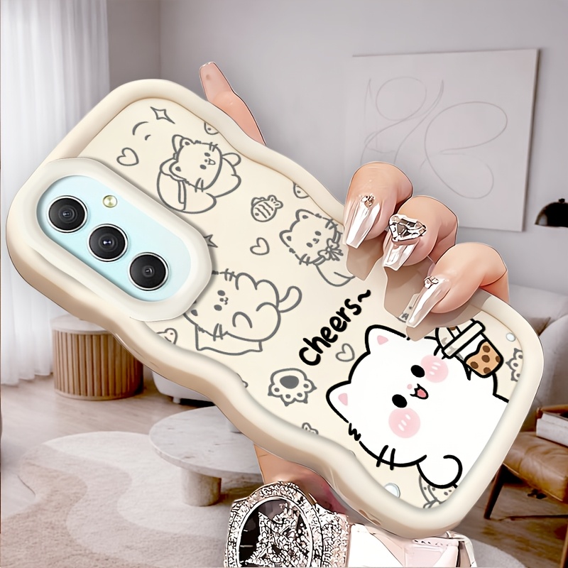TEMU Phone Case: New Cheers Cat Milk Tea Cartoon Hand-painted Cheers Theme Soft Tpu Cute Phone Case For Galaxy A57 A17 A36 A06 A56 A55 A26 A35 A05