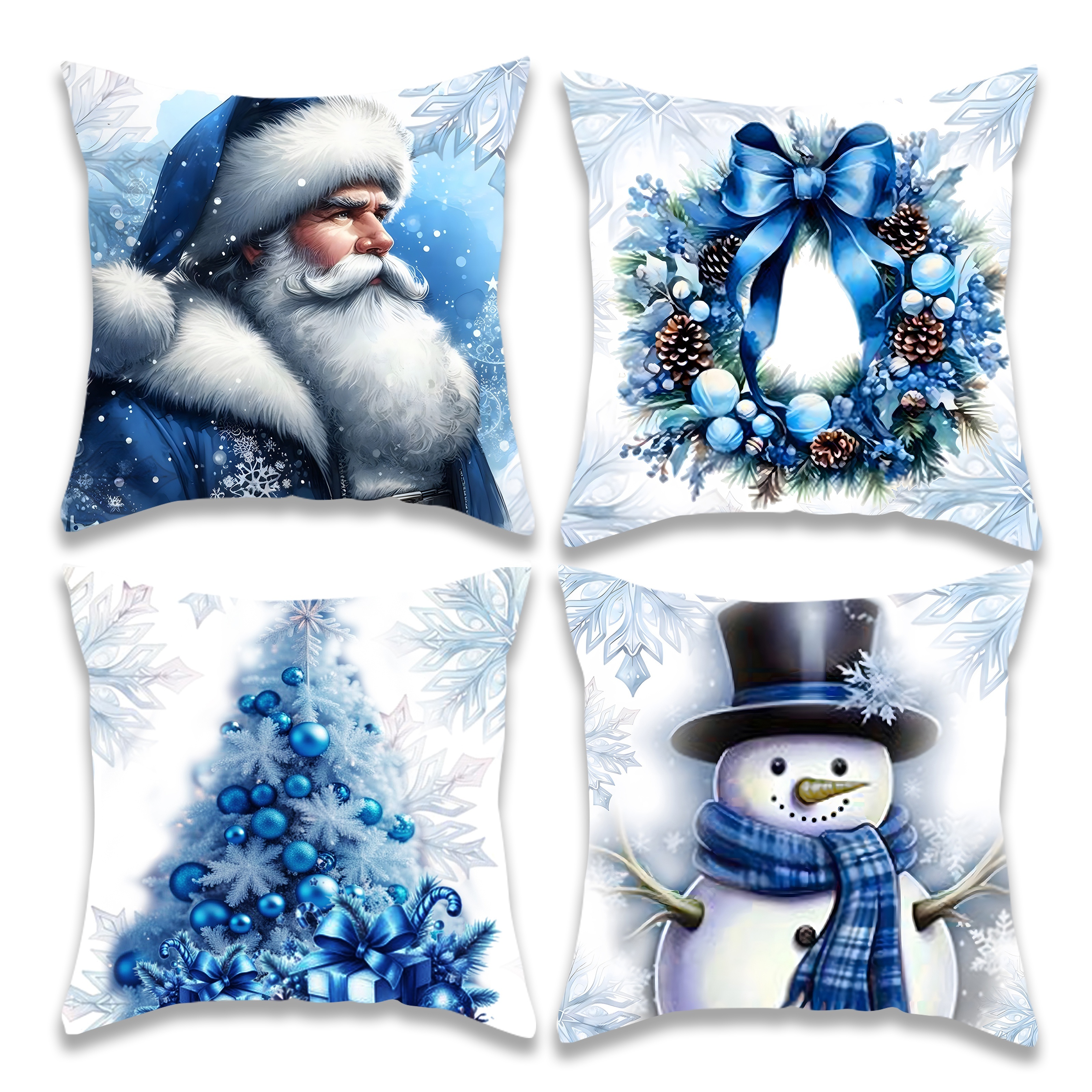 

4pcs Christmas Throw Pillow Covers Set - Santa, Snowman & Wreath Designs With Blue Metallic Accents, 3d Velvet 18x18 Inches - Living Room Sofa And Bed Decor, Machine Washable, Zip Closure