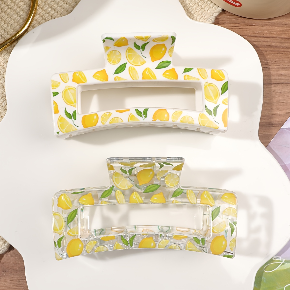 E-shop 2er-Set Haarspangen im koreanischen Stil, sommerlich frisch, transparent, bedruckt mit Frucht- Blumenmuster, gekreuzt, quadratische