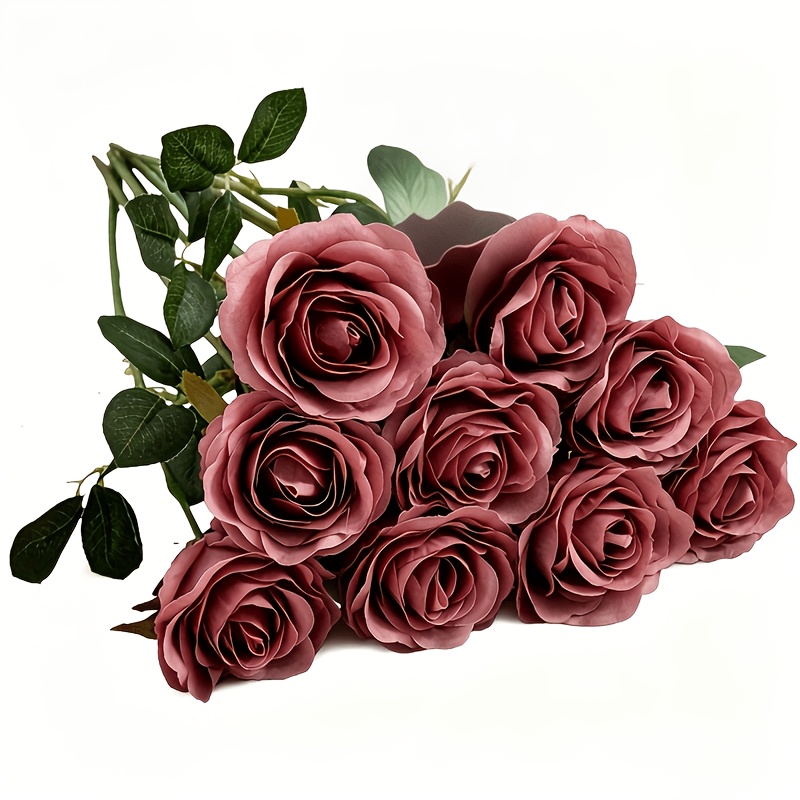 Image of Set Of 9 Dusty Rose Faux Roses, Long-stemmed Flowers For Wedding Decorations, Bridal Showers, And Birthday Celebrations