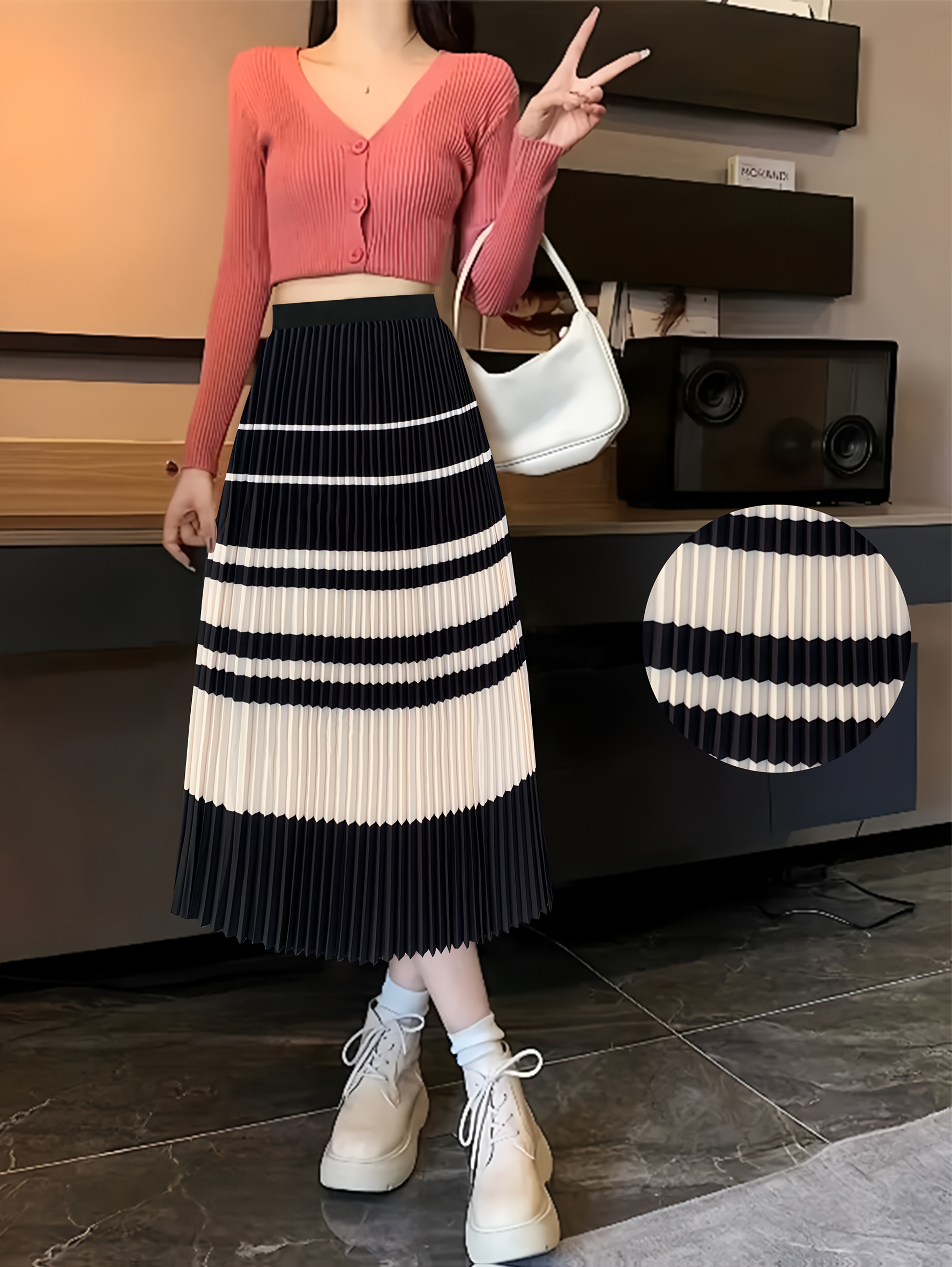 Pleated Midi Skirt Black And White Womens Pleated Skirt Women's