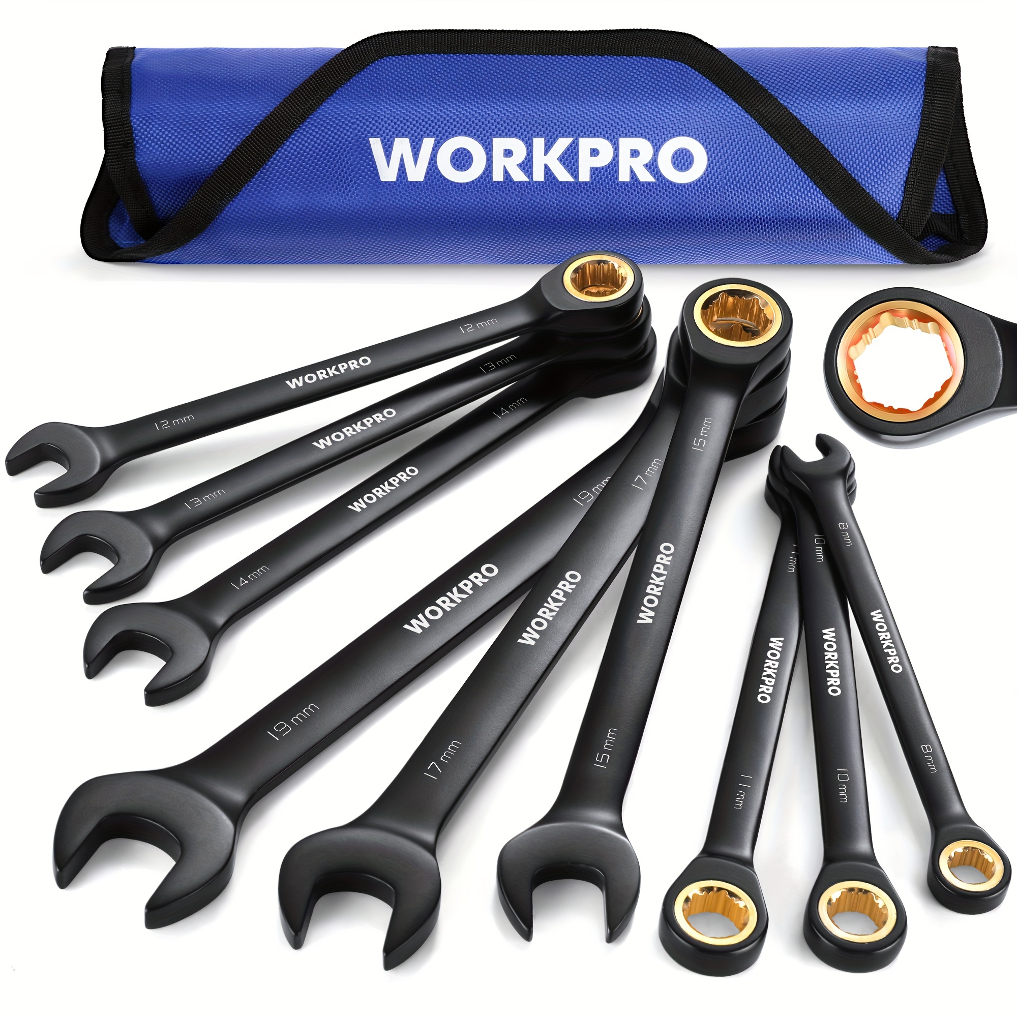 

Workpro 9-piece Anti-slip Ratcheting Wrench Set, Metric 8-19 Mm, 72-tooth, , Black Ratchet Combination Wrenches With Roll Up Pouch