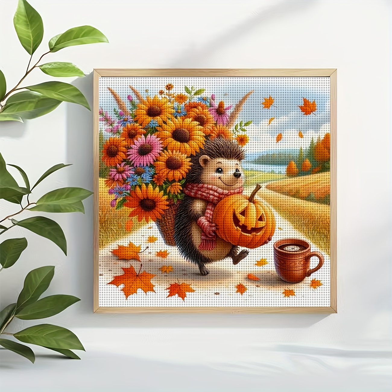 Printed DIY Cross Stitch Kit, Hedgehog Holding Flowers with Pumpkin