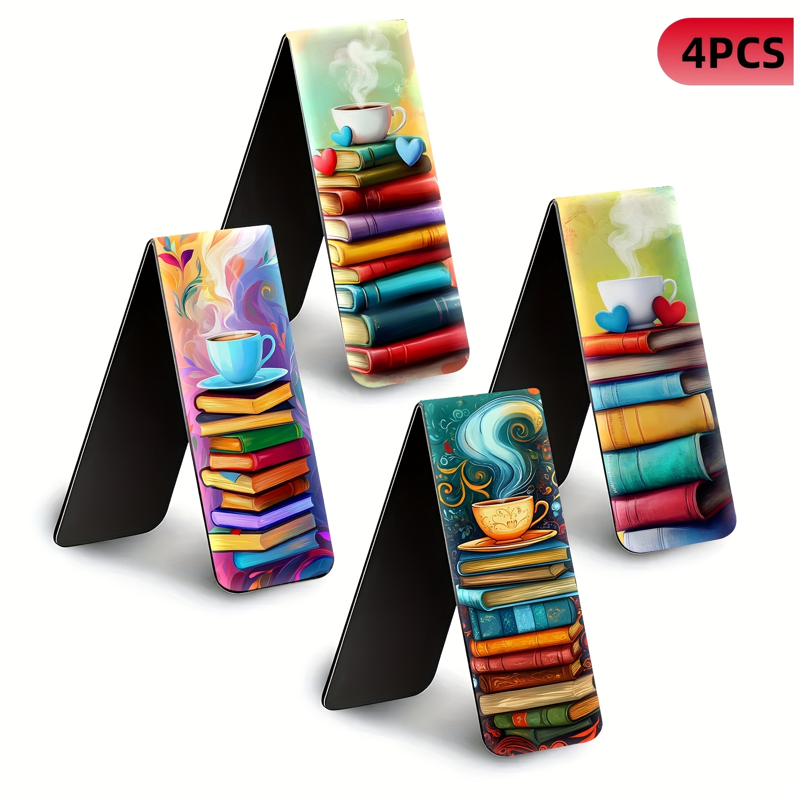 Image of 4pcs Magnetic Bookmarks | Foldable Page Markers | Colorful Books And Tea | Book Clips For Teachers Book Lovers | Great For Journals, Planners, Office Use Reading Additions Gift Stationery