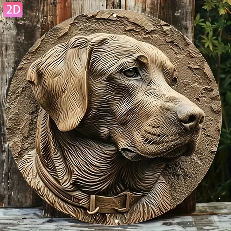 TEMU 2d Flat Print 1 Metal Aluminum Plate, Retro Labrador Sculpture - 8 Inches (8.0 Inches) Large Round Metal Wall Artwork, With Textured Brown And