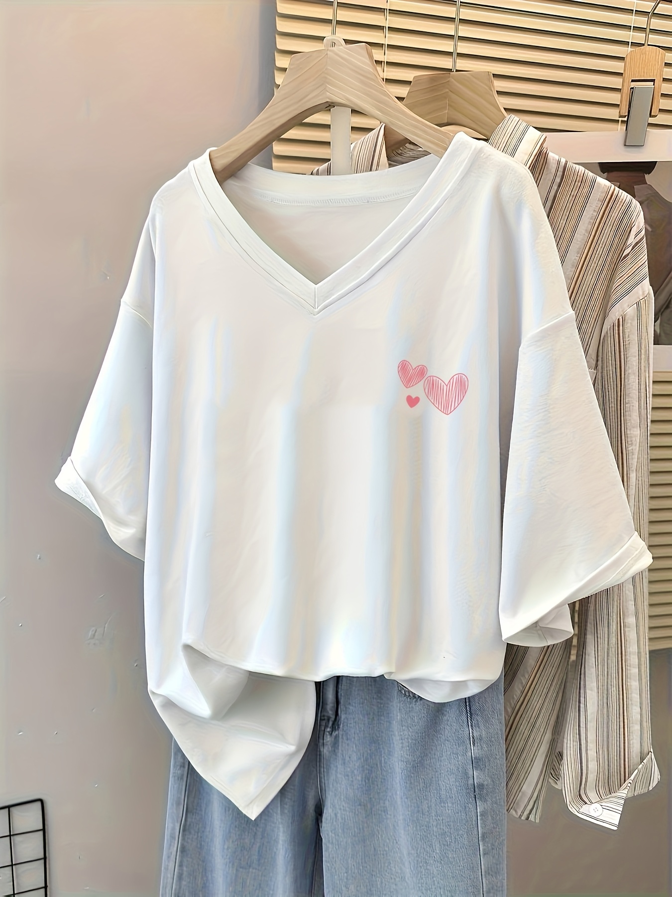 womens y2k   v neck short sleeve t shirt casual loose fit half sleeve high stretch cartoon heart print   spring summer fall versatile casual top everyday tshirt y2k fashion highstretch fabric Product details 0