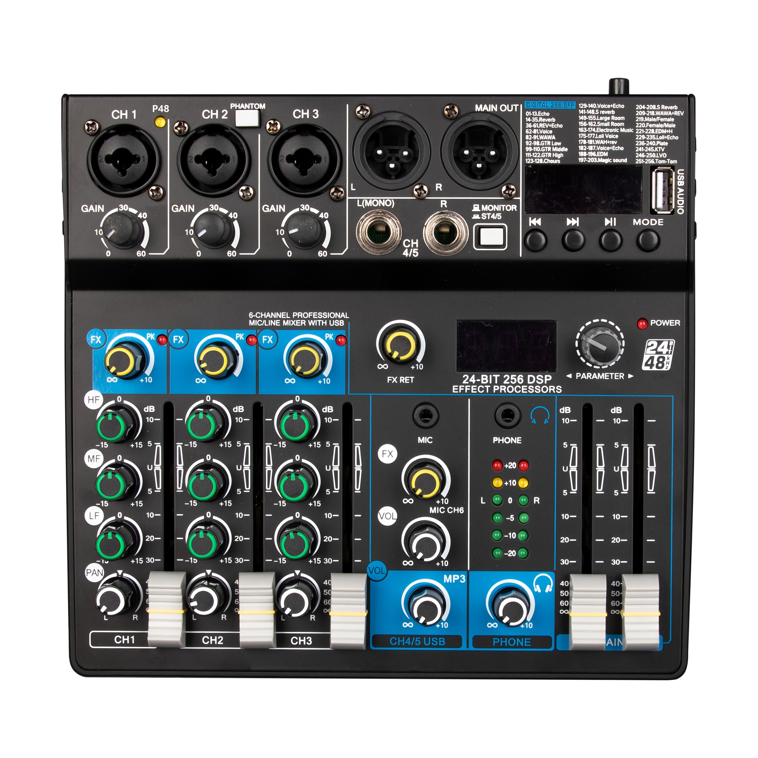 Image of Depusheng 6-channel Professional Dj Audio Mixer, Dj Controller Sound Mixer Dsp 256 Effects, Mp3, Usb Interface For Podcast, Music, Recording, Pc, / Day
