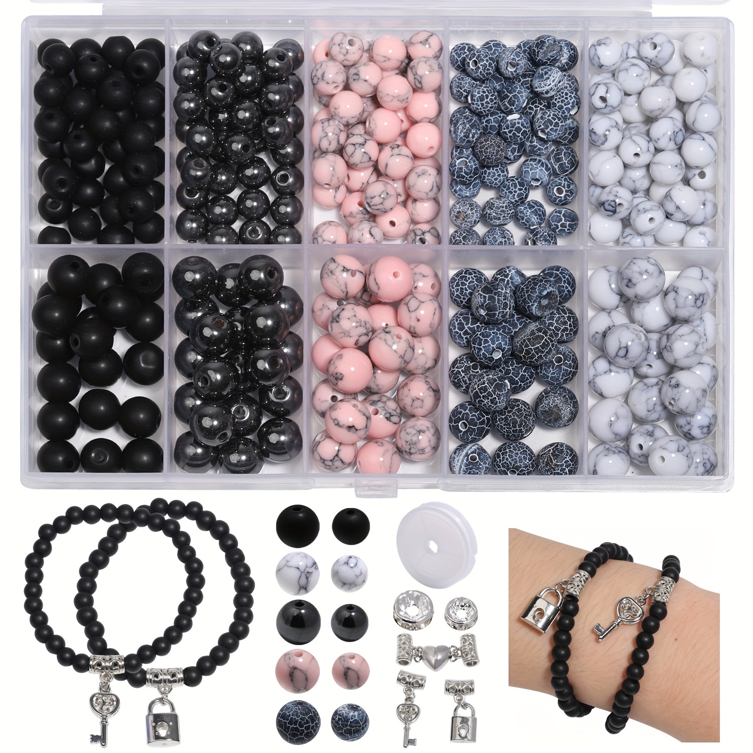 

1boîte/10grilles Ensemble de Perles en Pierre Naturelle Hematite Howlite Agate Onyx avec Fil Élastique Kit de Fabrication de Bijoux pour Bracelets DIY Accessoires Fournitures Cadeaux Idéaux