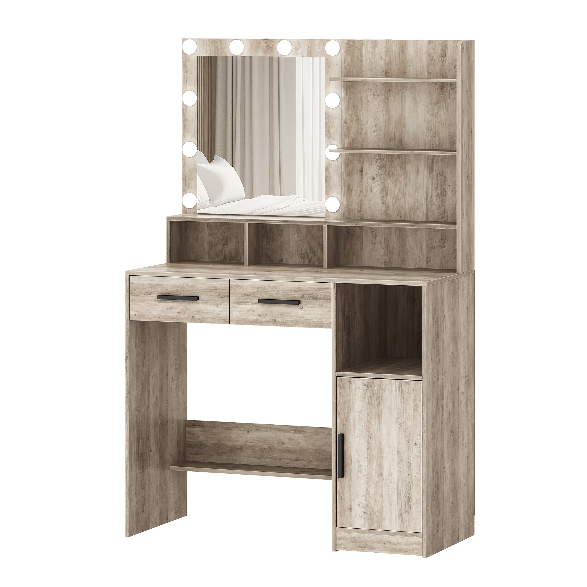 Dressing Table With Mirror And 10 Led Lighting, Adjustable Brightness, Dressing Table With 2 Drawers & 1 Cabinet, 3 Shelves & 4 Open Compartments