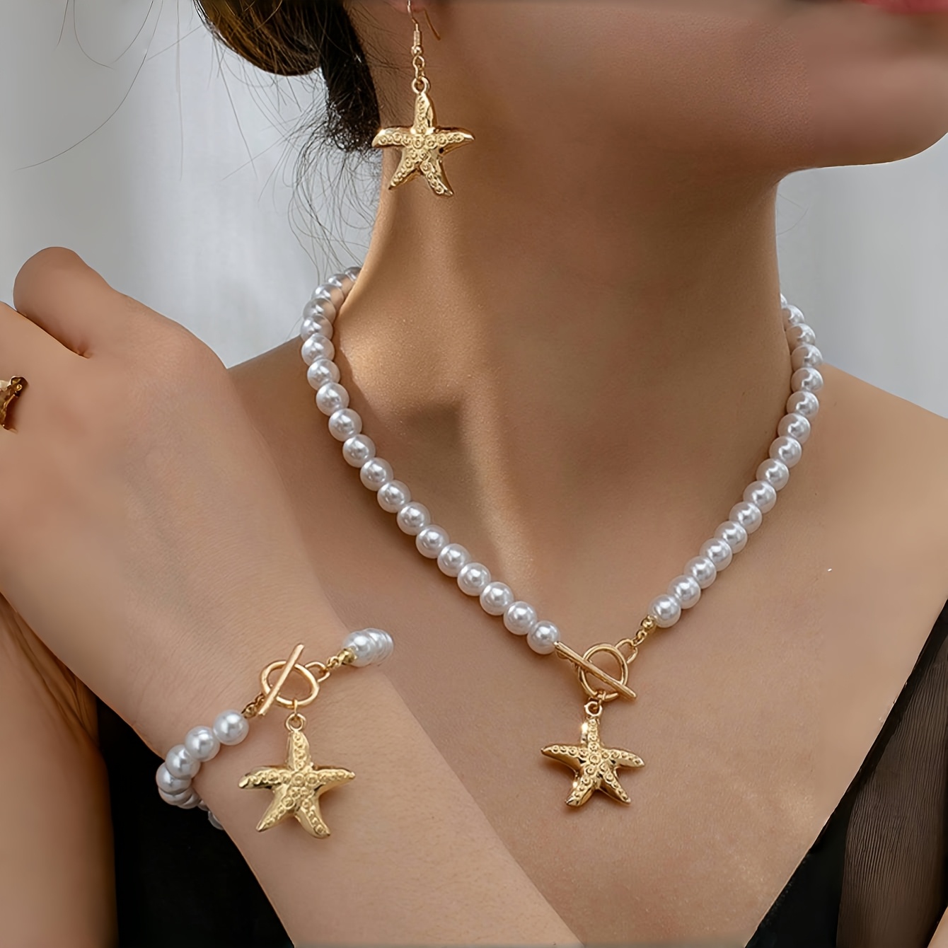 E-shop 4-tlg. elegantes Damen-Schmuckset, Schmuckset im Strandstil mit goldenen Seestern-Ohrringen, Halskette Armband, geeignet für den Strandurlaub,