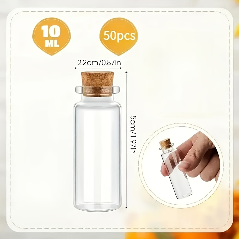 50 Small Glass Bottles (10 Ml) With Cork Stoppers, Perfect For Mini Jars To Showcase Art Crafts And Decorate Party Supplies