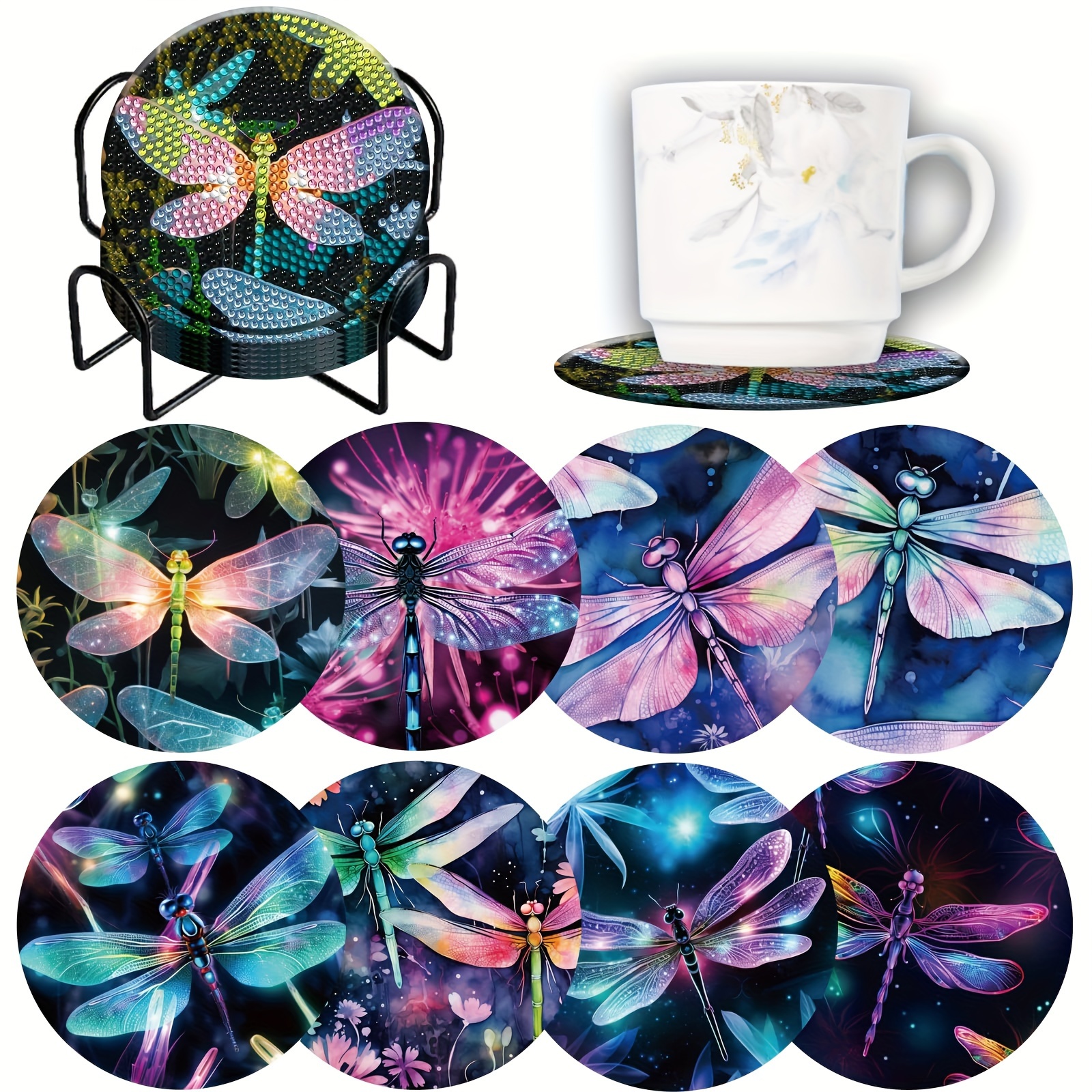 

8 Pieces Of Dragonfly Style Coasters With Brackets, Diy Diamond Art Coaster Set, Suitable For Beginner Art And Craft Supplies