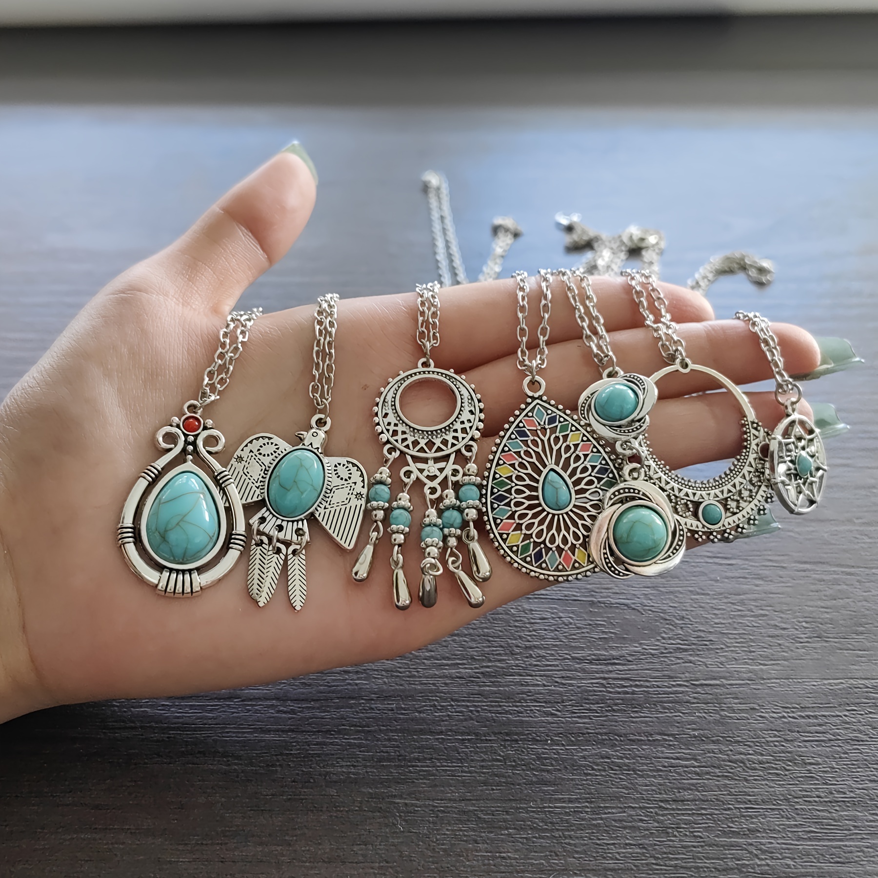 

14pcs/set Retro Ethnic Style Necklace Jewelry Set - Ancient Silvery Leaf, Flower, Waterdrop, Geometric Shape, Inlaid Turquoise Pendant Necklace Set, Perfect For Daily Outfits And Parties, Vacation