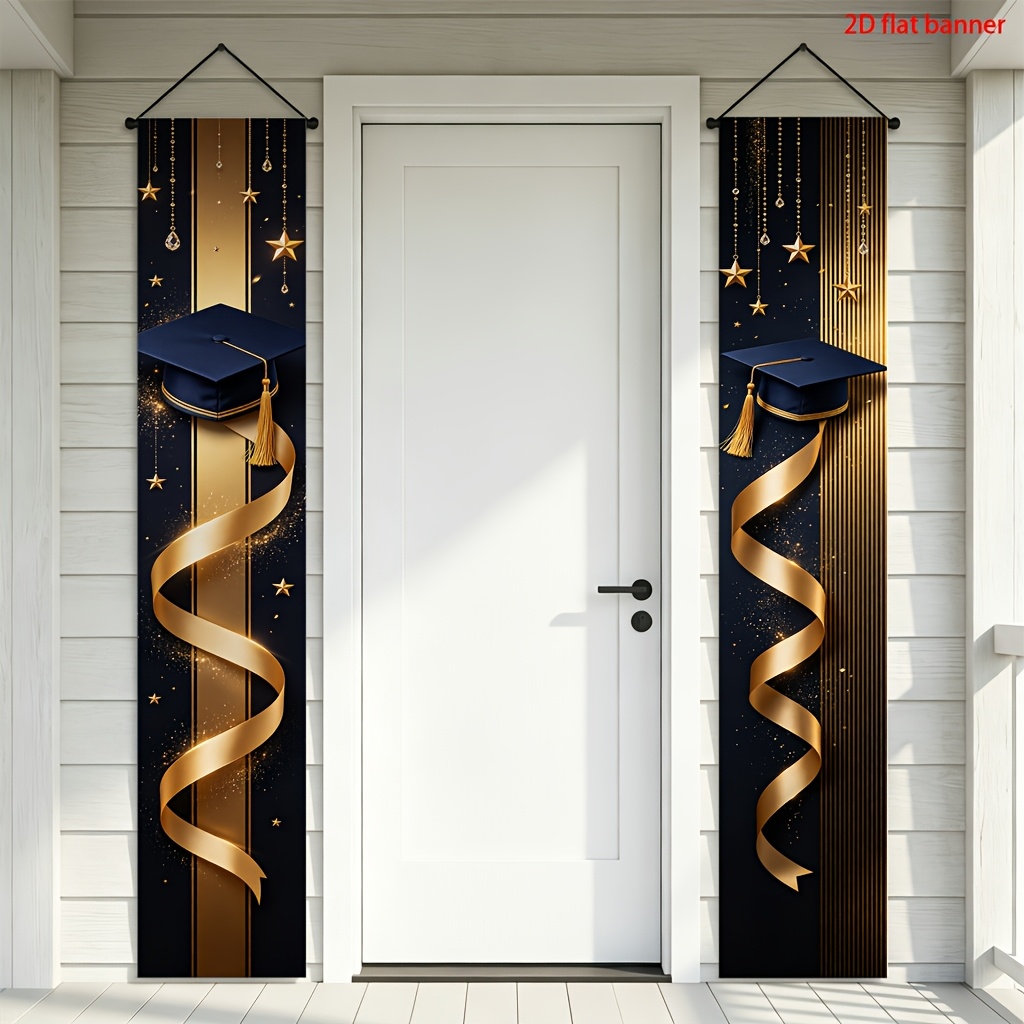 TEMU 2d Flat, 2d Flat - 2d Flat, 2d Flat - 2d Flat Banner, 2pcs Graduation Theme Polyester Door Banner, 30 X 180cm, Graduation , Golden Tassel,
