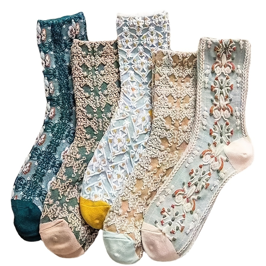 TEMU 5 Pair 2025 Spring/summer Solid Socks Mid-length Socks Breathable Socks Women's Socks Artistic Fashion Embroidered Socks Hip-hop Couple