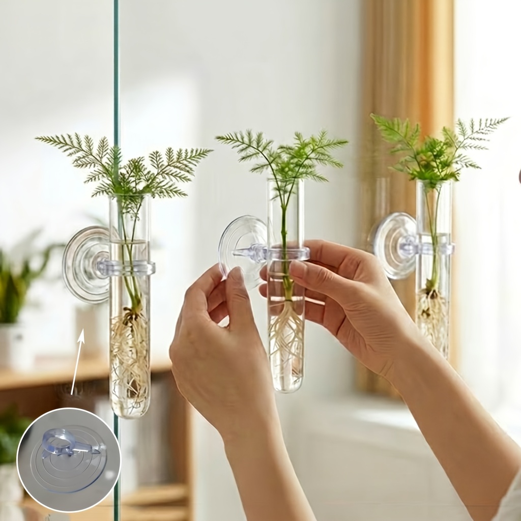 TEMU 3 Sets - 6pcs, Wall-mounted With Suction Cups, Suitable For Plant Lovers, Aquatic Plant Propagation Bottles, Modern Home Decor, Transparent