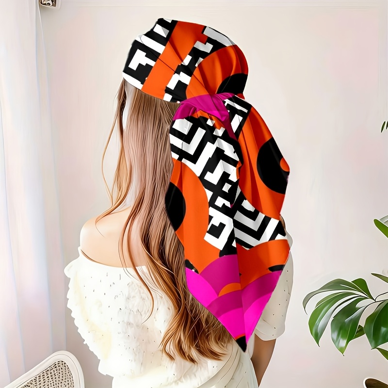 TEMU 1pc Of Elegant And Fashionable Pink-orange Geometric Square Scarf, A Versatile Fashion Accessory Suitable For Casual, Formal Outfits, , Travel,
