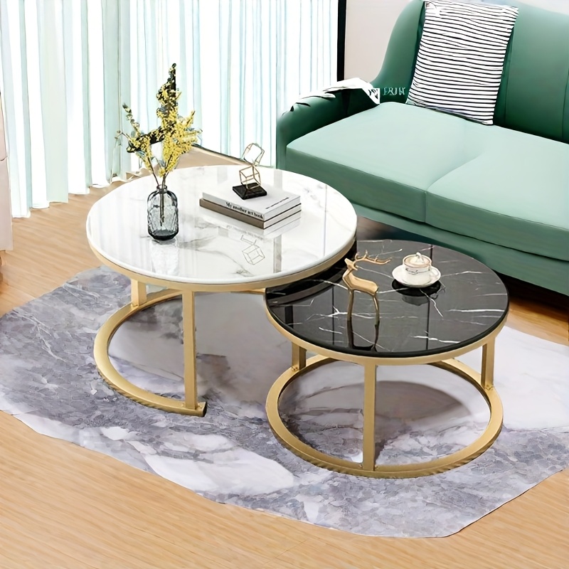 Dos Piezas, Una Grande y Una Pequeña, una Mesa de Centro Redonda Moderna con Textura de Mármol Hecha de Madera Dura para la Sala de Estar, una Mesa de Centro Circular Adecuada para Espacios Pequeños, una Mesa de Centro Redonda de Almacenamiento de Hierro Creativa Minimalista Nórdica