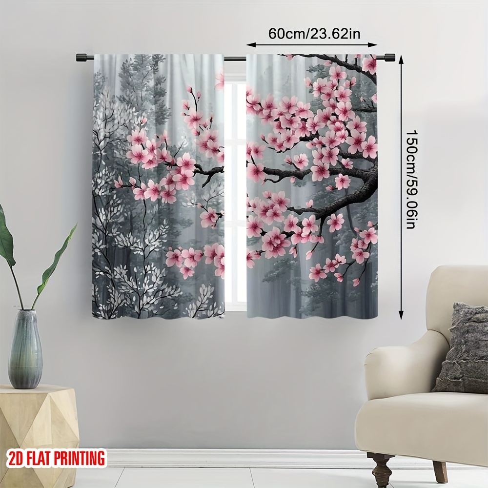 TEMU 2d Flat - 2d Flat - Set Of 2 Flat Printed Window Curtains Featuring Cherry Blossoms, Made From Digital Printed Polyester. Ideal For Birthday