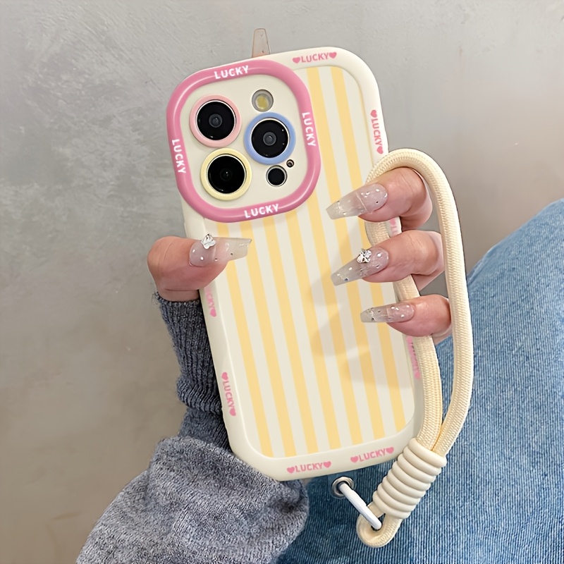 TEMU Phone Case - Yellow Striped Cream Phone Case, With Creamy White Lanyard, Suitable For Iphone 17, Suitable For Iphone 17 Pro Max, Suitable For