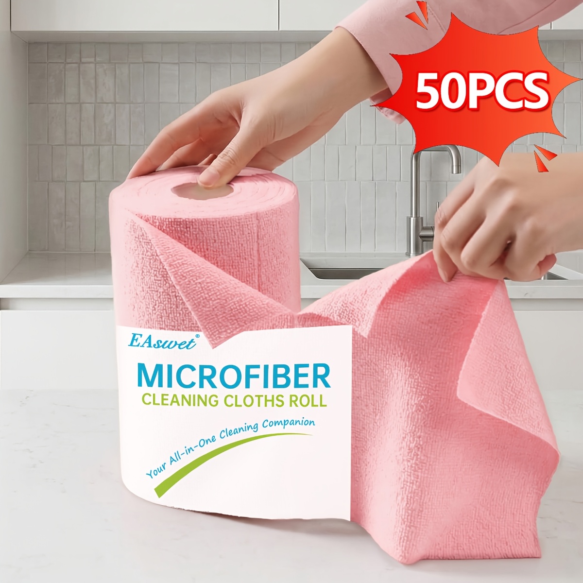 E-shop 50 Stück EAswet Mikrofaser-Reinigungstücher, geeignet für Zuhause, wiederverwendbare, waschbare, handabreißbare Rolle mit Blättern, super