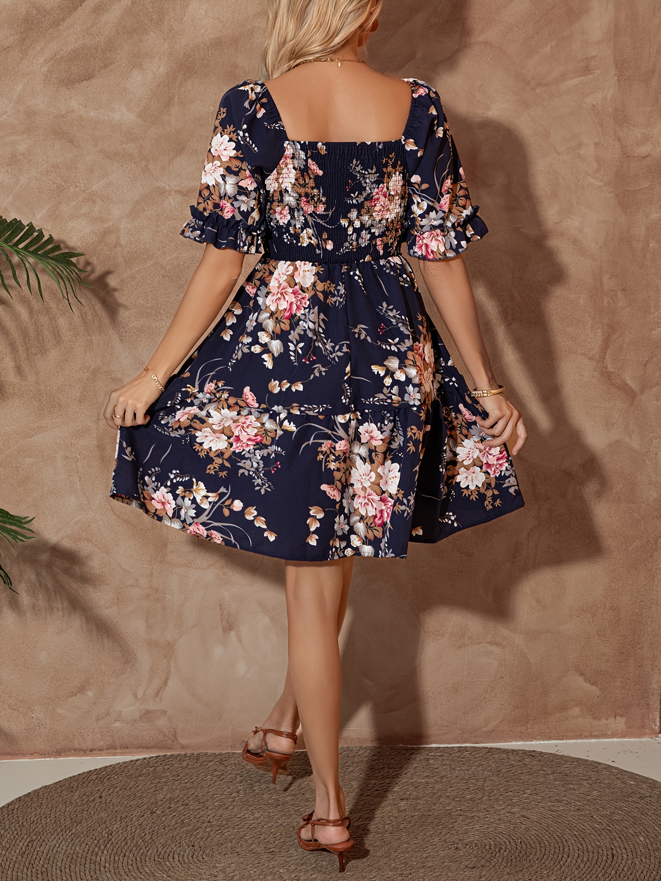 womens floral print short sleeve midi dress elegant navy - Temu Mexico