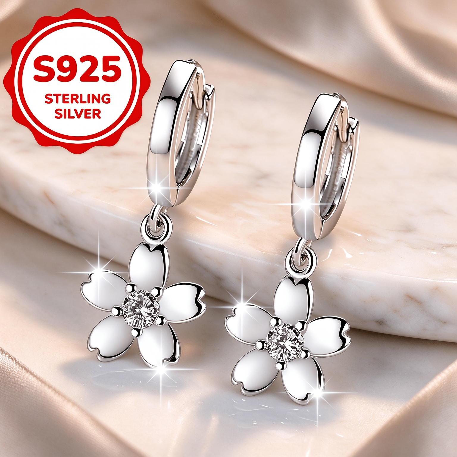 Women's 925 Silver Petal Drop Earrings, Heart Design