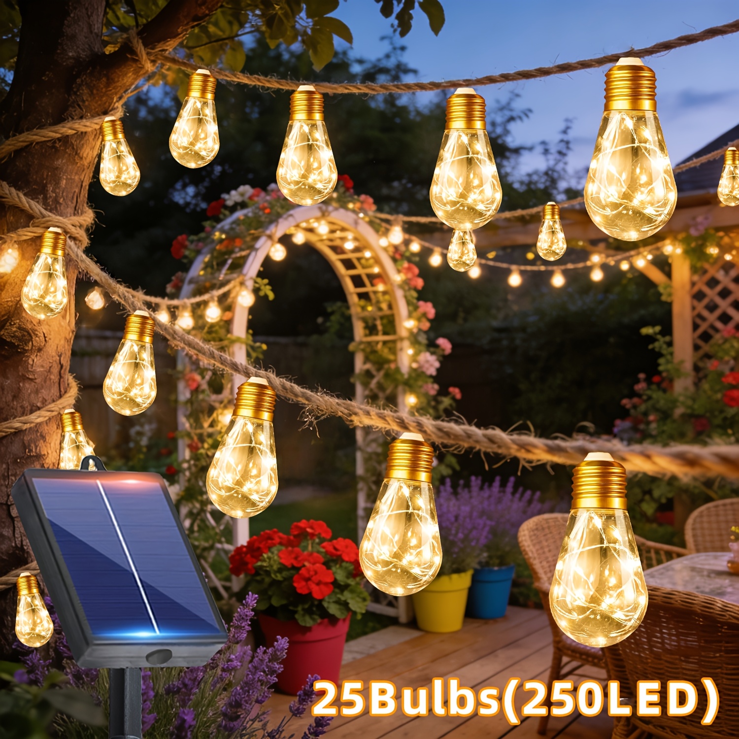 TEMU Guirlande Lumineuse Solaire, 25/10 Ampoules LED sur Corde de , Alimentation Solaire, S' Automatiquement au et S'éteint à l', Convient pour ,