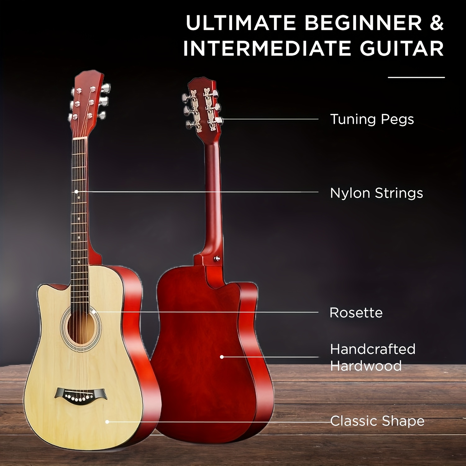 38-Inch Basswood Acoustic Guitar Suitable for Beginners - Full-Size Folk Style Guitar with Wood Sound, Basswood Body, Ideal for Practice & Performance (wood/black Optional)