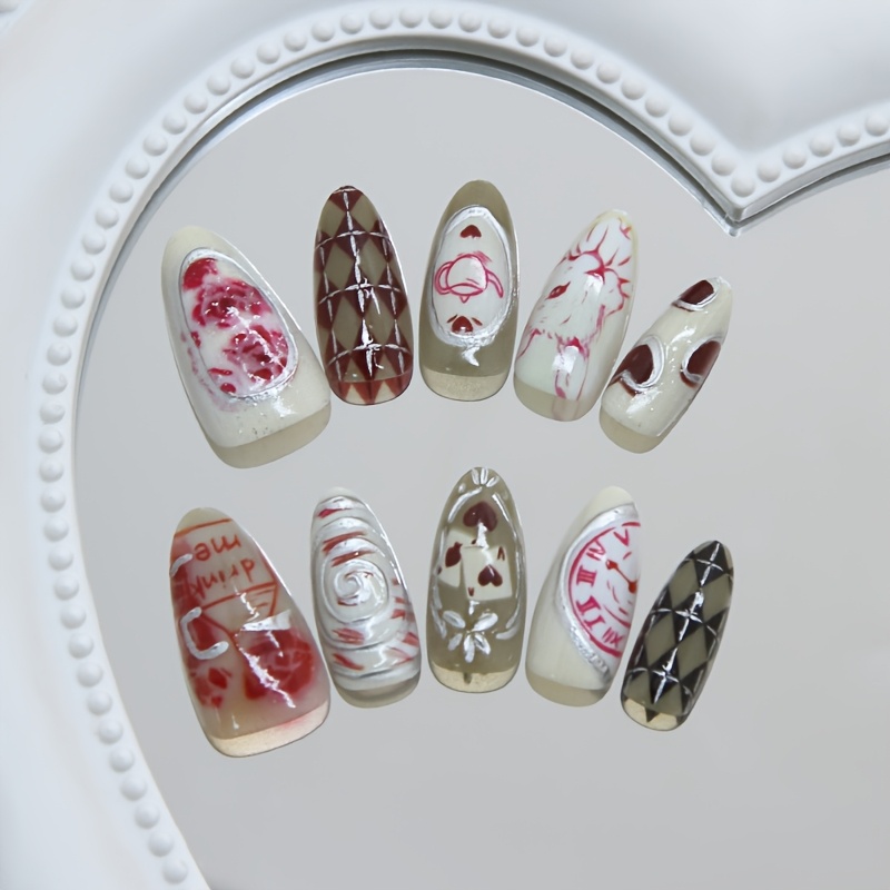 TEMU 10 Stk. mittelgroße Mandelförmige Press-On-Nägel, Vintage-Gothic-Design mit rotem Herz, Uhr, Hase, -Muster, glänzende, vollständig abdeckende
