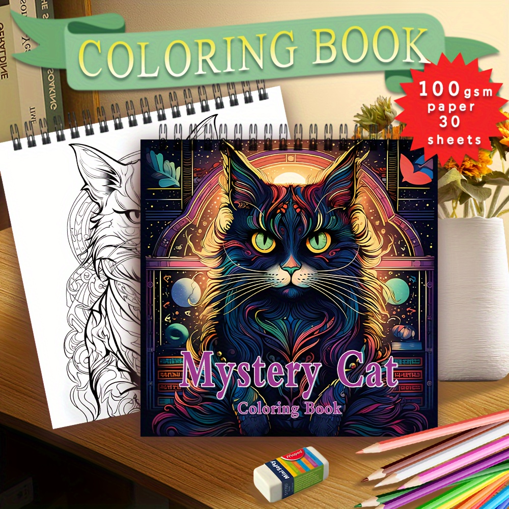

Mystery Cat Adult Coloring Book - Spiral Bound, 100gsm Paper, 30 Loose Sheets, 8.3" X 8.3" - Relaxing & Art Book, Ideal For Birthday, New Year, Easter, Thanksgiving, Back To School & Holiday Gifts