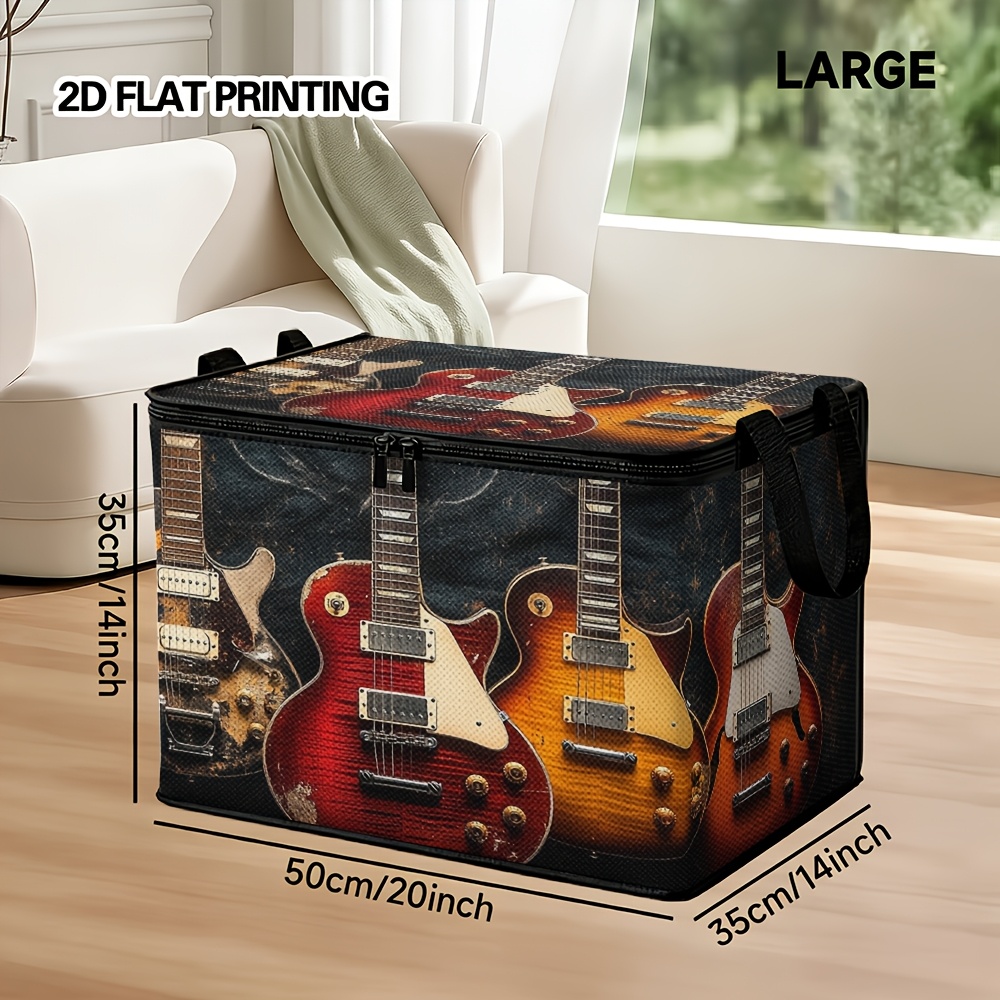 TEMU 1pc 1pcs-piece Guitar Print Soft Fabric Storage Bin With Lid - Retro Style Rectangular Suitable For Bathroom, Vanity, Car Trunk, Travel - Ideal