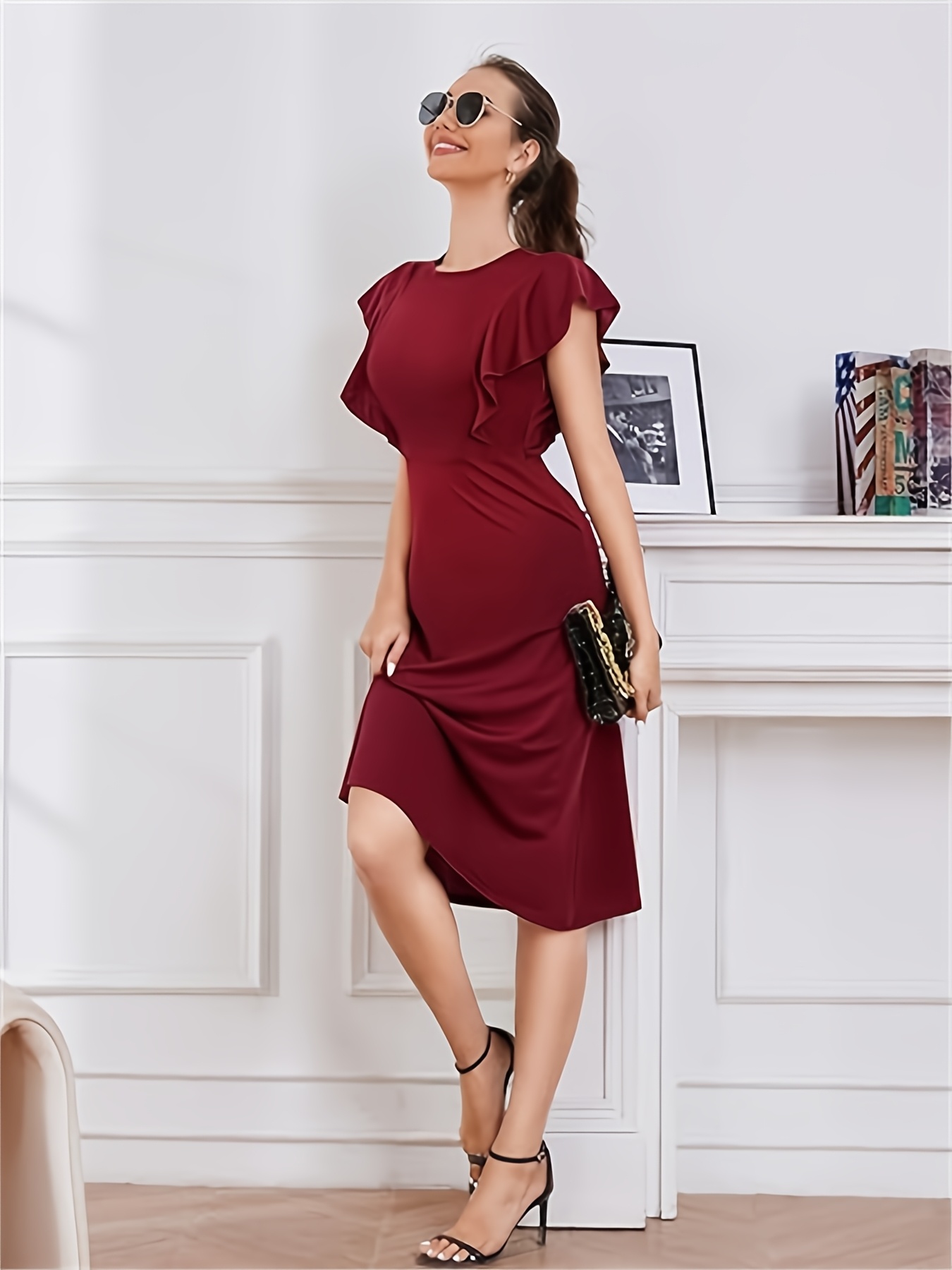 womens lotus leaf sleeve round neck church dress knee length - Temu
