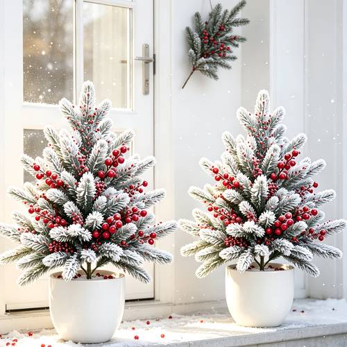 2pcs large artificial cedar christmas trees with poinsettia berries outdoor indoor suitable for gardens courtyards doorways contemporary plastic evergreen shrubs with base decor for christmas thanksgiving